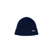 Navy blue ribbed beanie with a small label on the front.