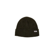 Olive green ribbed beanie with a small white label on the front.