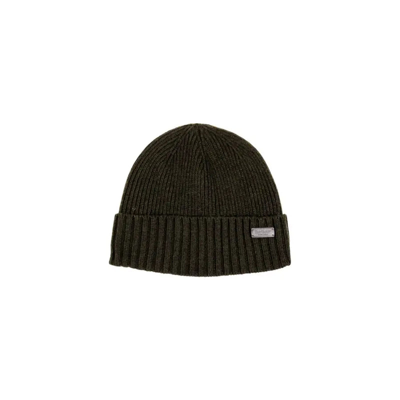 Olive green ribbed beanie with a small white label on the front.