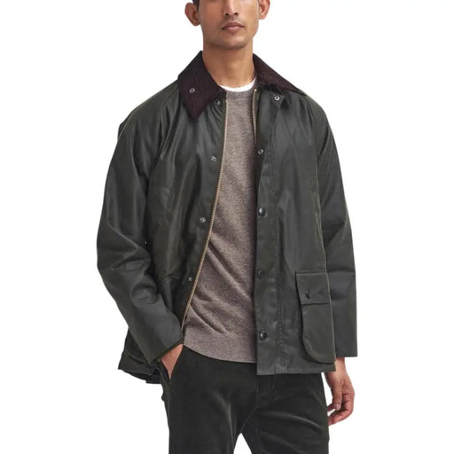 Men’s dark green waxed cotton blazer with brown corduroy collar for Fall Winter fashion