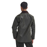 Barbour Mens Green Cotton Fall Winter Blazer featuring dark olive green waxed cotton fabric and brown corduroy collar