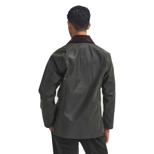 Barbour Mens Green Cotton Fall Winter Blazer featuring dark olive green waxed cotton fabric and brown corduroy collar