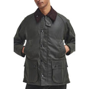 Men’s olive green waxed cotton blazer with corduroy collar and multiple pockets