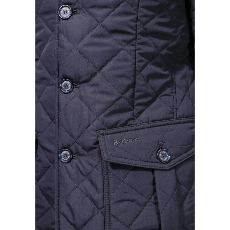 Veste matelassée Barbour Lutz pour homme, bleu marine foncé, avec surpiqûres en losange et boutons assortis, vue de face