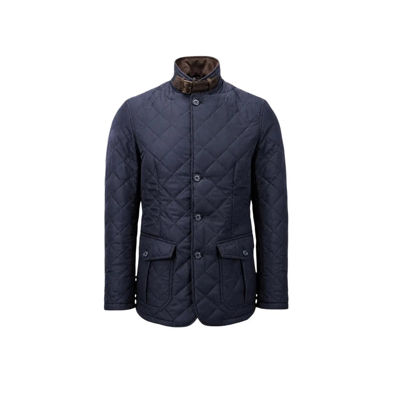 Veste matelassée Barbour Lutz pour homme, bleu marine foncé, col en cuir marron et boutons assortis (vue de face)