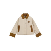 Barbour women beige cotton casual blazer jacket with cream color and brown suede collar, cuffs, and patch pockets