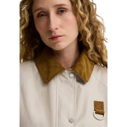 Barbour women beige cotton casual blazer jacket with cream color, mustard yellow corduroy collar, and silver ring strap