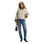 Barbour women beige cotton casual blazer jacket with beige and olive green utility design and leather collar and cuffs accents