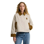 Barbour women beige cotton casual blazer jacket with cream color and brown suede collar cuffs and patch pockets