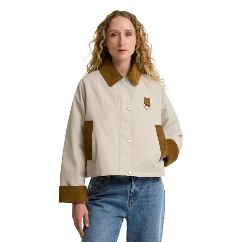 Barbour women beige cotton casual blazer jacket with cream color and brown suede collar cuffs and patch pockets