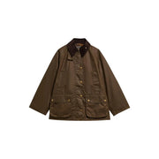 Brown barbour waxed cotton jacket with dark brown corduroy collar and brass buttons for women beige bedale blazer