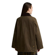 Barbour women beige cotton wax bedale blazer with olive green waxed cotton, dark brown collar, and gold-tone buttons