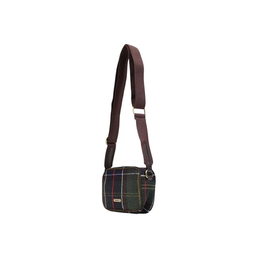 Sac bandoulière Barbour pour femme, mini, en laine mélangée verte à motif tartan vert foncé et bandoulière ajustable marron.