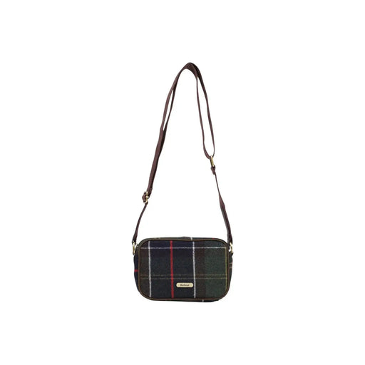 Sac bandoulière Barbour pour femme, mini, en laine mélangée verte à motif tartan, anses en cuir vert foncé, bleu marine, rouge et marron