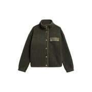 Barbour women green fleece blazer polyester with olive green high collar, front button closure, and matching patch pocket