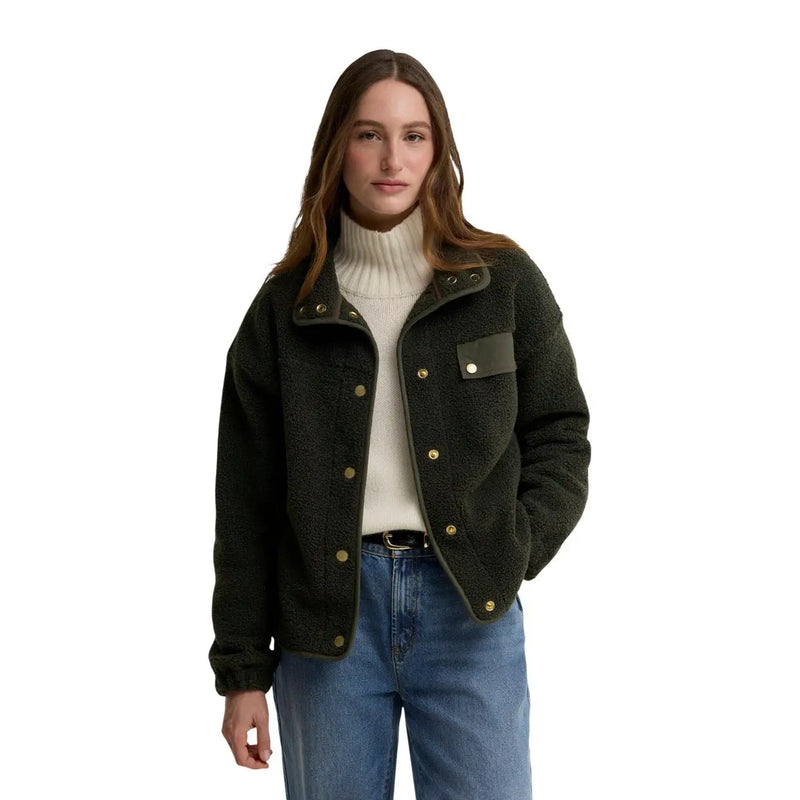 Barbour women green fleece blazer polyester with dark green shearling, gold-tone buttons, and matching chest leather patch