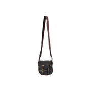 Barbour women green mini crossbody bag in dark green and burgundy plaid wool blend with brown leather strap