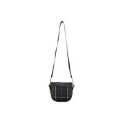Barbour women green mini crossbody bag wool blend with dark green plaid and red white striped pattern brown leather straps