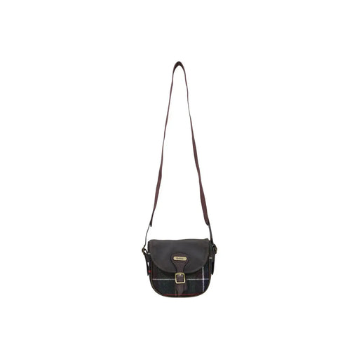 Sac bandoulière Barbour pour femme, mini sac vert en laine mélangée à carreaux foncés, avec bandoulière en cuir marron et boucle dorée.