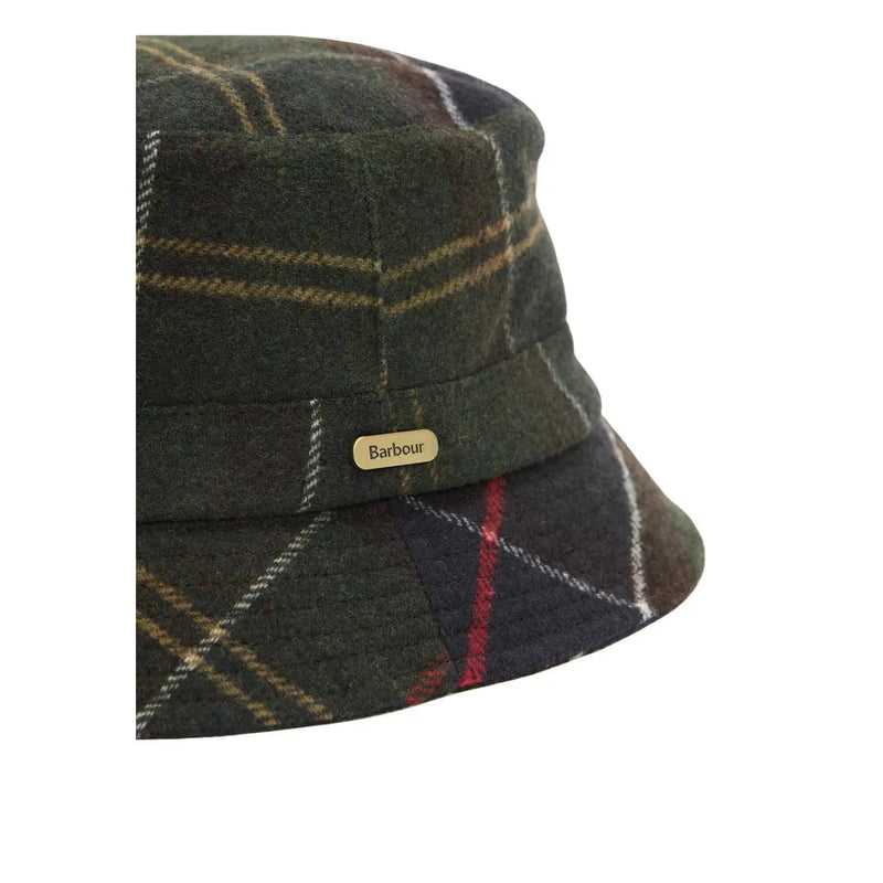 Barbour women green tartan sports wool blend bucket hat in dark green and brown plaid with gold-tone brand tag
