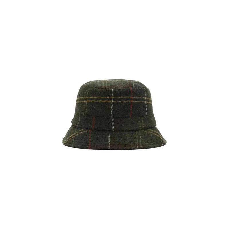 Barbour women green tartan sports hat wool blend featuring dark green plaid with subtle red and beige stripes