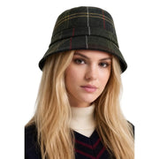 Barbour women green tartan sports hat dark green plaid wool blend bucket hat with subtle red and beige stripes