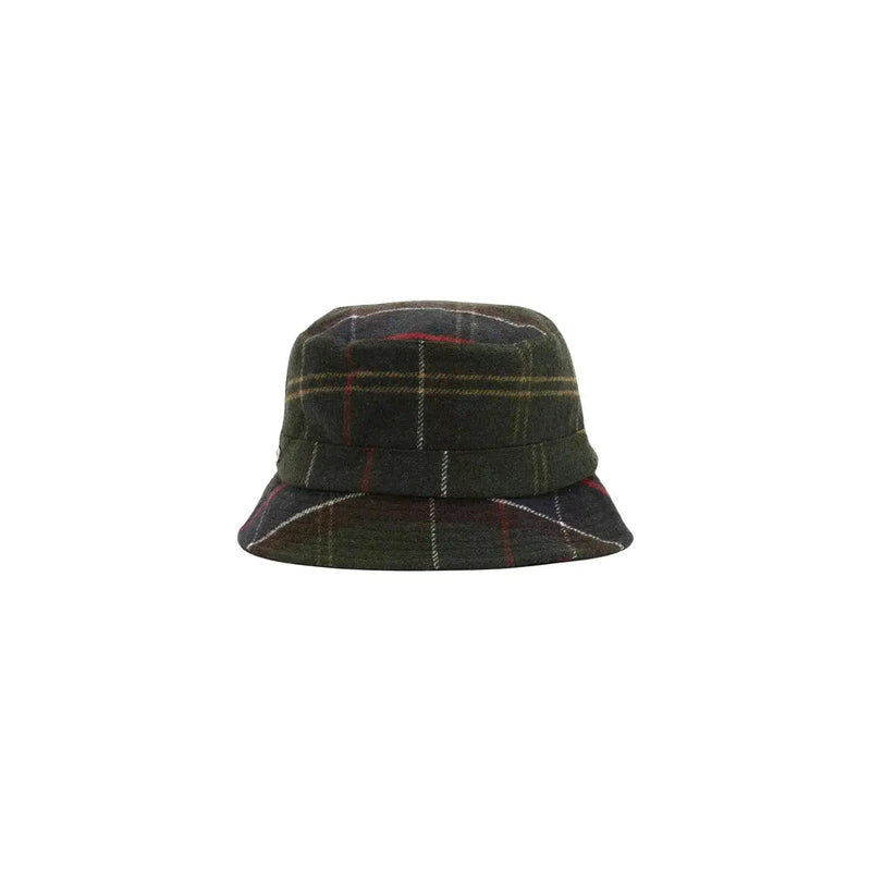 Barbour women green tartan sports hat wool blend with dark green plaid and red and beige stripes bucket style