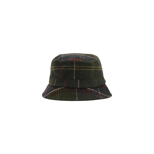 Chapeau bob Barbour pour femme, style bob, en laine mélangée à carreaux verts foncés et rayures rouges et beiges, à motif tartan vert foncé et rayures rouges et beiges.