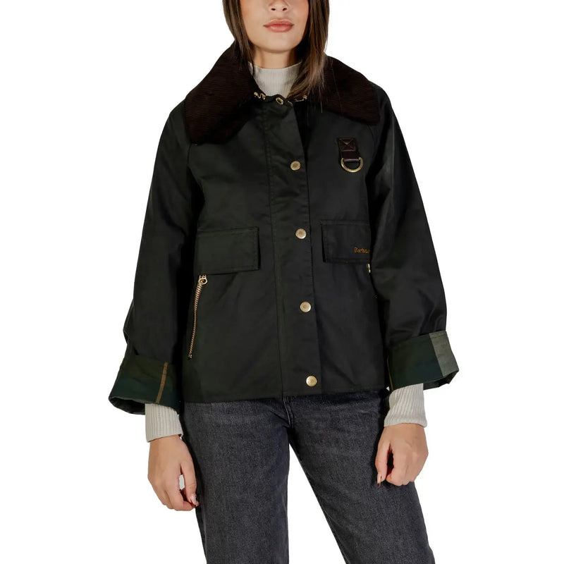 Black barbour women wax blazer fall jacket in green cotton with dark brown fur collar and gold-tone buttons and zippers