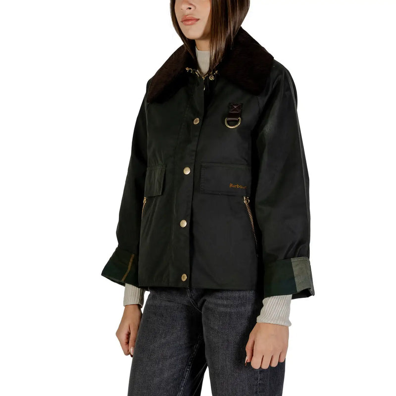 Black barbour women wax blazer with dark brown fur collar gold-tone buttons and cotton fabric for fall wear