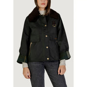 Black Barbour women wax blazer jacket with dark brown corduroy collar and gold-tone buttons for fall wear