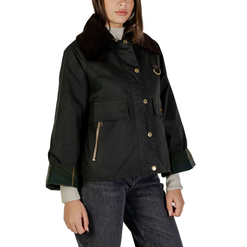 Black Barbour women wax blazer jacket in cotton with plush brown collar and gold-tone buttons for fall wear