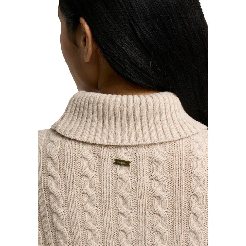 Barbour women wool blend ambleside knitted jumper beige cable knit with ribbed turtleneck collar front view