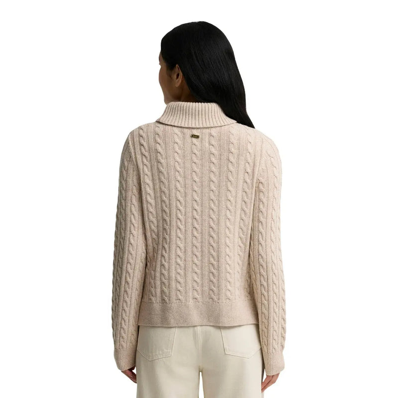 Barbour women wool blend Ambleside knitted jumper beige cable knit turtleneck sweater with gold brand tag at neckline