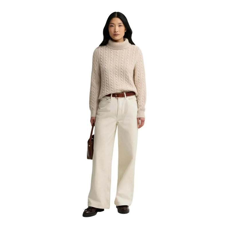 Barbour women wool blend Ambleside knitted jumper in beige with cream-colored cable-knit textured turtleneck sweater