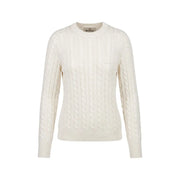Pull Barbour pour femme, couleur crème, en laine et coton à torsades, col rond classique et poignets côtelés en duvet blanc.