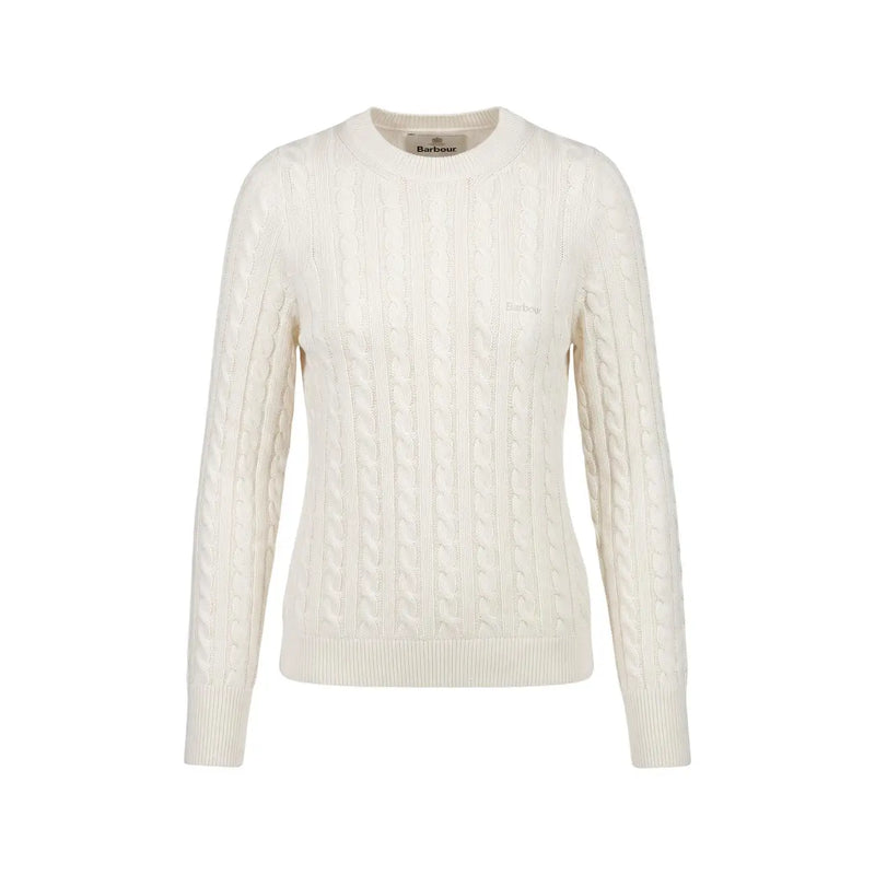 Pull Barbour pour femme, couleur crème, en laine et coton à torsades, col rond classique et poignets côtelés en duvet blanc.