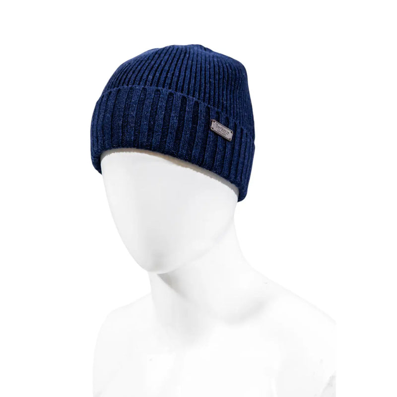 Bonnet Barbour Carlton pour homme en laine, bleu marine côtelé, avec étiquette rectangulaire de la marque, vue de côté