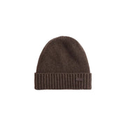 Bonnet Barbour Carlton en laine marron côtelée pour homme, revers replié et étiquette de marque (vue de côté)