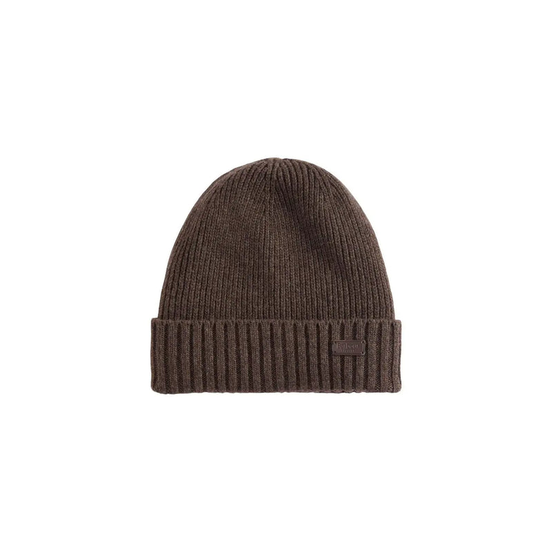 Bonnet Barbour Carlton en laine marron côtelée pour homme, revers replié et étiquette de marque (vue de côté)
