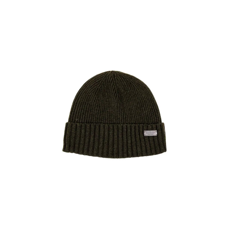 Bonnet Barbour Carlton en laine pour homme, couleur olive foncé, avec revers côtelé et étiquette argentée (vue de côté).