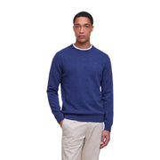Pull Barbour en laine bleue pour homme, col et poignets côtelés blancs, vue de face