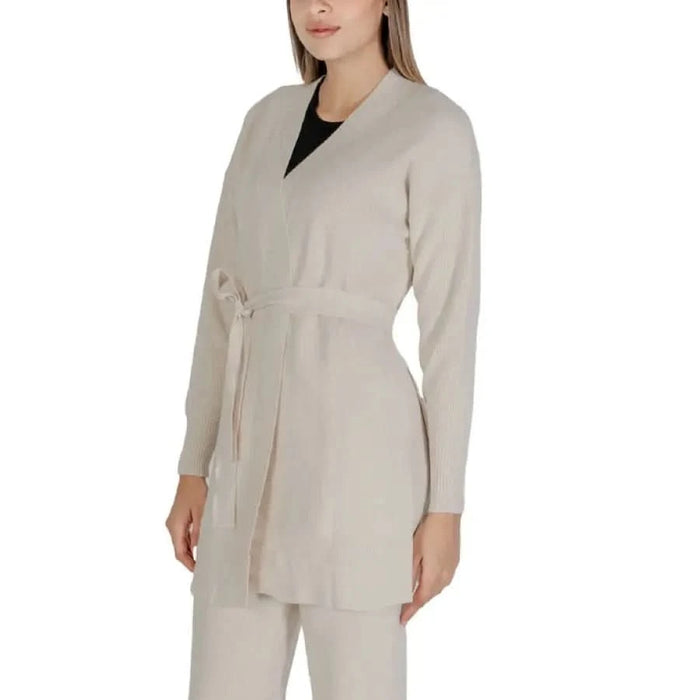 Beige belted cardigan, Clerè Women’s Long Knit Sweater, stylish and comfortable design