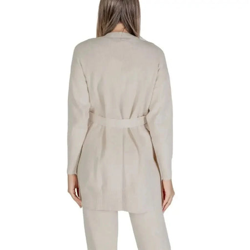 Beige belted cardigan from Clerè Women’s Long Knit Sweater collection