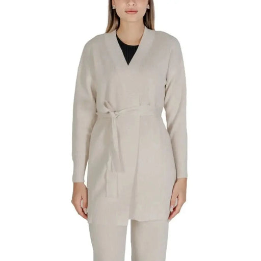 Beige belted cardigan from Clerè Women’s Long Knit Sweater collection