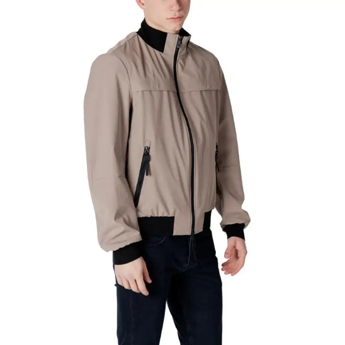 Beige bomber jacket with black trim, ideal for stylish everyday wear