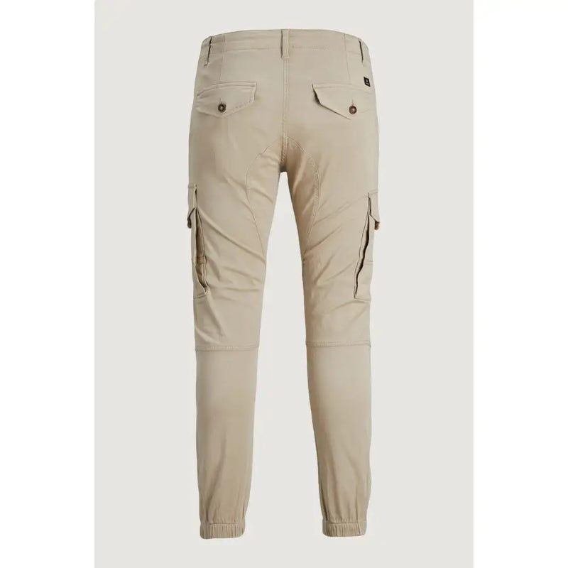Beige cotton Jack & Jones mens cargo trousers with elastic cuffs and buttoned back pockets shown from the back side