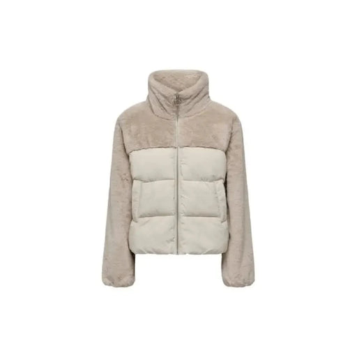 Beige and cream puffer jacket featured in Women’s Black Turtleneck Jacket with Front Pockets
