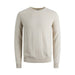 Beige crew-neck sweater displayed with dark blue jeans on a model