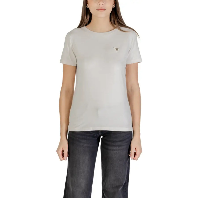 Beige Guess Active Womens T Shirt Round Neck Fall Winter